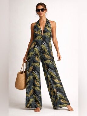 Victoria's Secret Tropical Palm Mesh Halter Jumpsuit Cover-Up Large